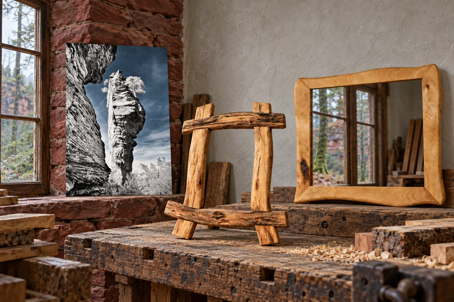 Theoturm, Astbuche und Birke auf einer Werkbank am roten Sandsteinfenster mit Blick in den Pfälzerwald.