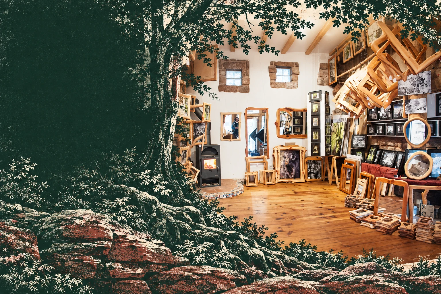 Achims Galerie geht in eine druckgrafische Wald- und Sandsteinlandschaft über.