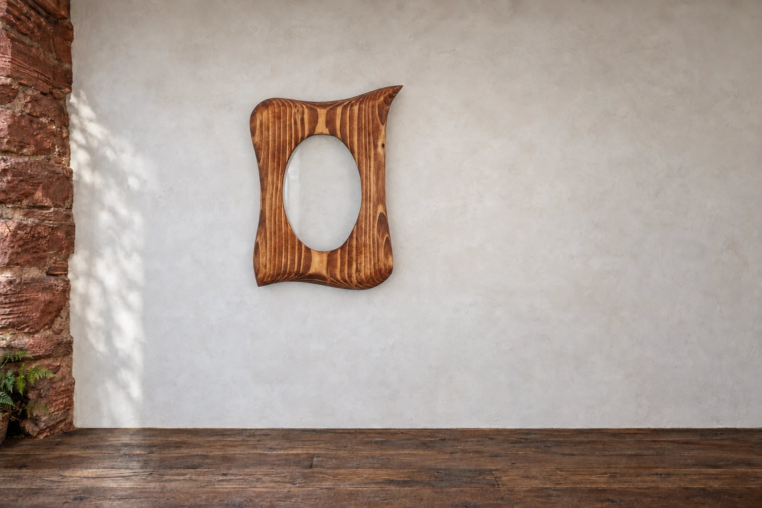 Fichte · Oval in dunklen Streifen. Ein ruhiges Oval mitten in kräftigen Holzlinien. Ich habe die Fichte dunkel lasiert und den Rand so geschwungen ausgearbeitet, dass die Maserung sichtbar bleibt. An der Galeriewand.