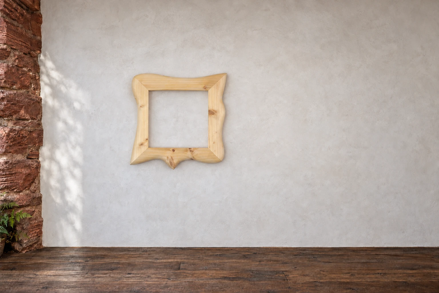 Fichte · Kleiner Zacken. Ein helles Quadrat mit einem kleinen Zacken an der Unterkante. Die Aststellen unterbrechen die ruhigen Linien der Fichte. An der Galeriewand.