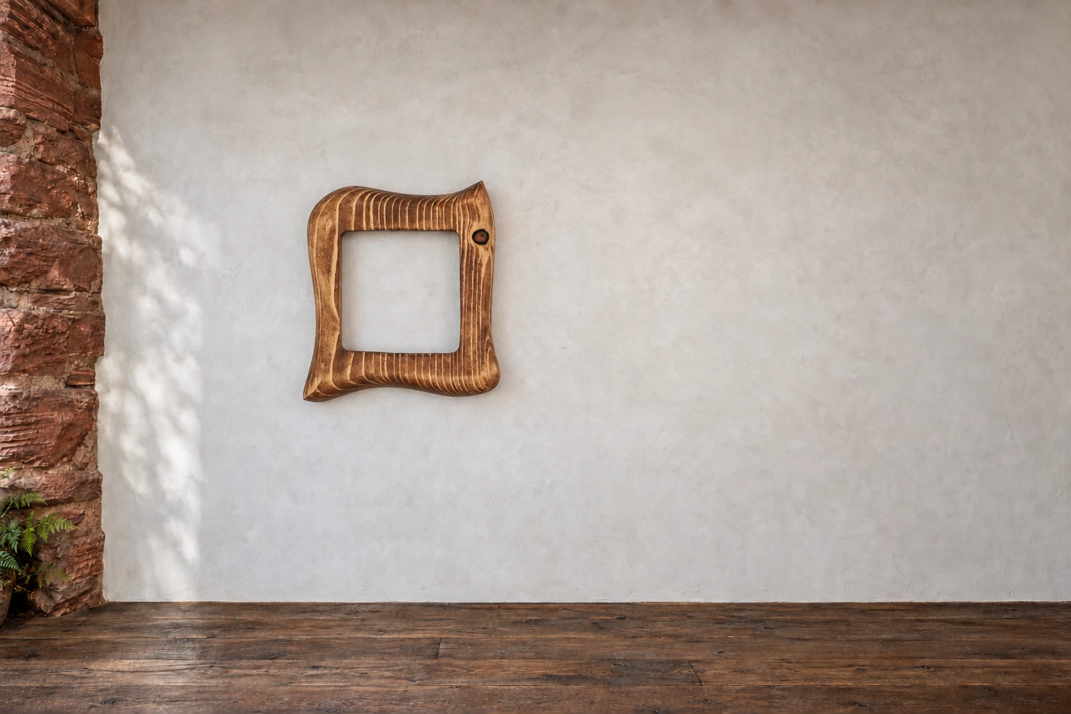 Holzrahmen · Quadrat mit Astpunkt. Ein kleines Quadrat in dunkel gezeichnetem Holz. Rechts oben sitzt ein einzelnes rundes Astauge. An der Galeriewand.