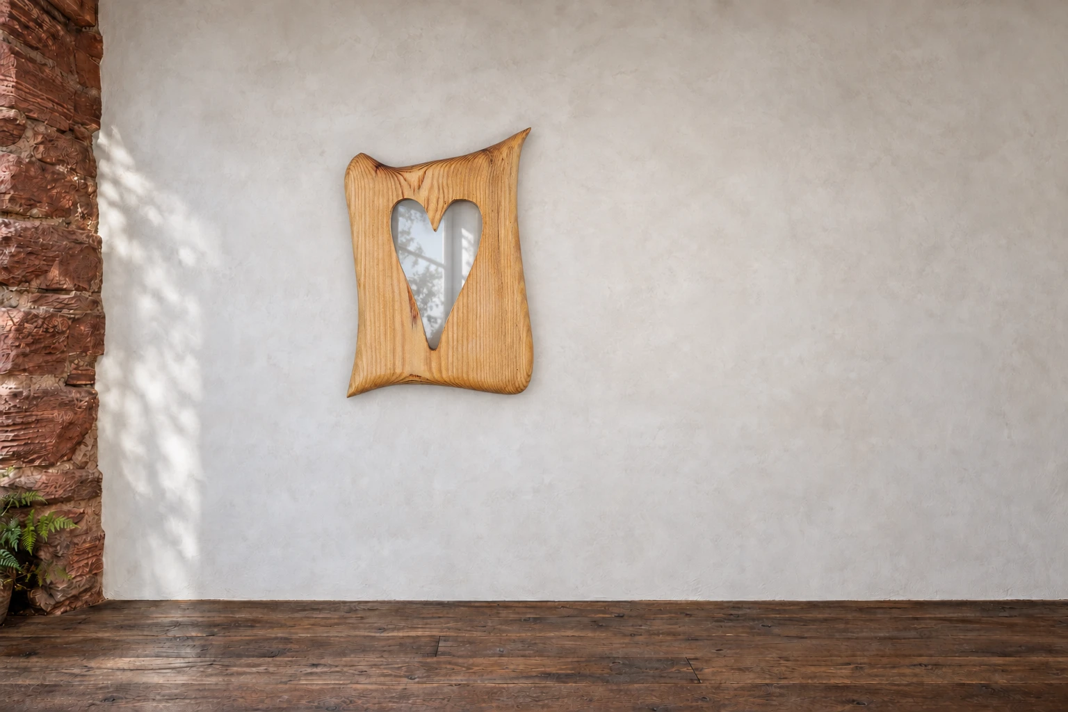 Kiefer · Herz mit langer Spitze. Dieses kleine Herz ist lang gezogen. Ich habe die Kiefer rund um die schmale Spiegelfläche weich ausgearbeitet, mit einer hohen Spitze rechts oben. An der Galeriewand.
