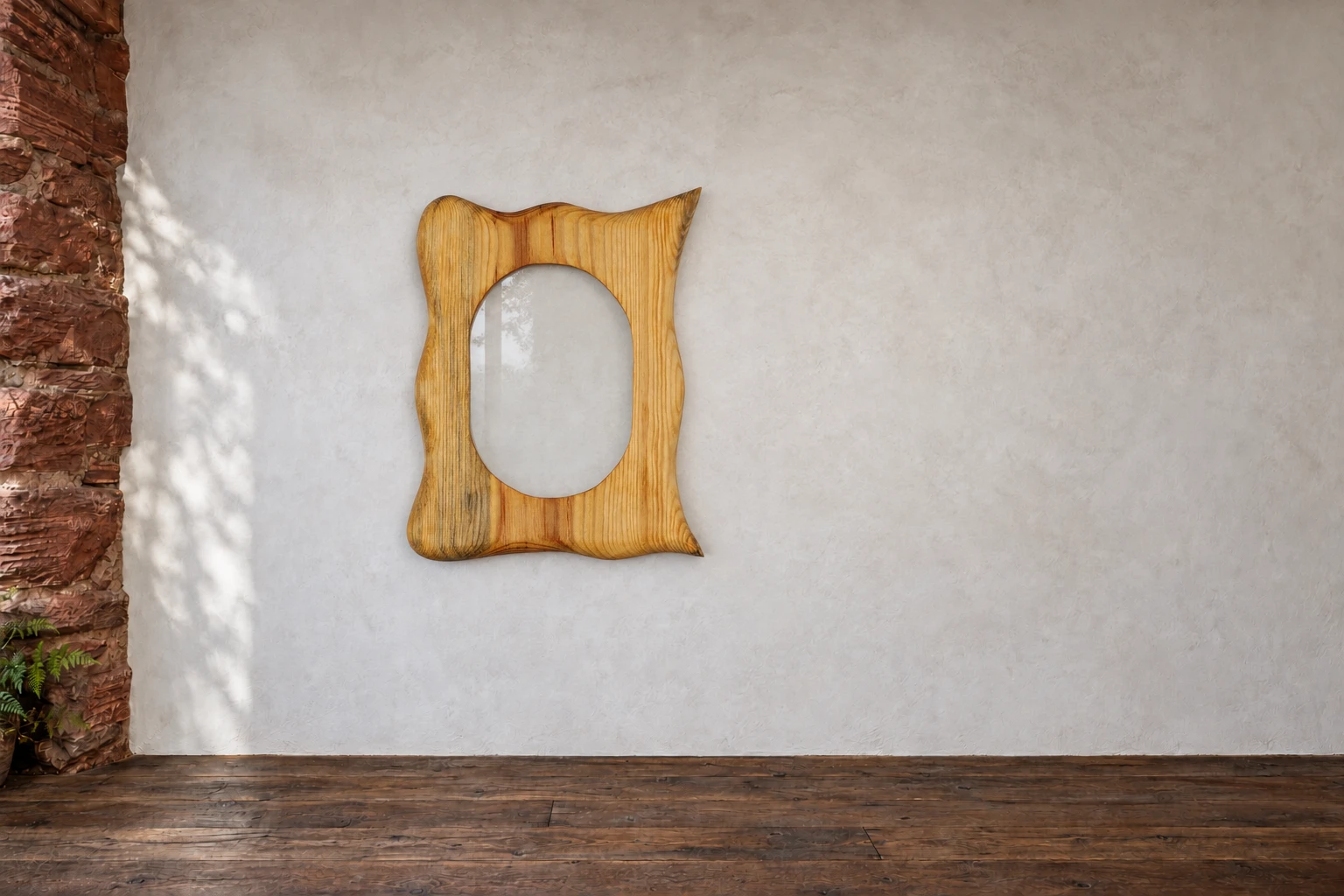 Kiefer · Oval in warmen Linien. Ein Oval mitten in warmen Kiefernlinien. Ich habe die linke Seite runder und die rechte etwas spitzer ausgearbeitet. An der Galeriewand.