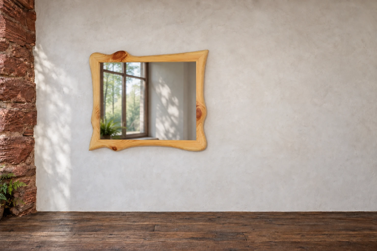 Kiefer · Ast-Dreiklang. Drei Aststellen prägen diesen großen Kiefernspiegel. Oben und rechts tritt das Holz kräftig hervor, unten bleibt ein kleiner dunkler Punkt. An der Galeriewand.