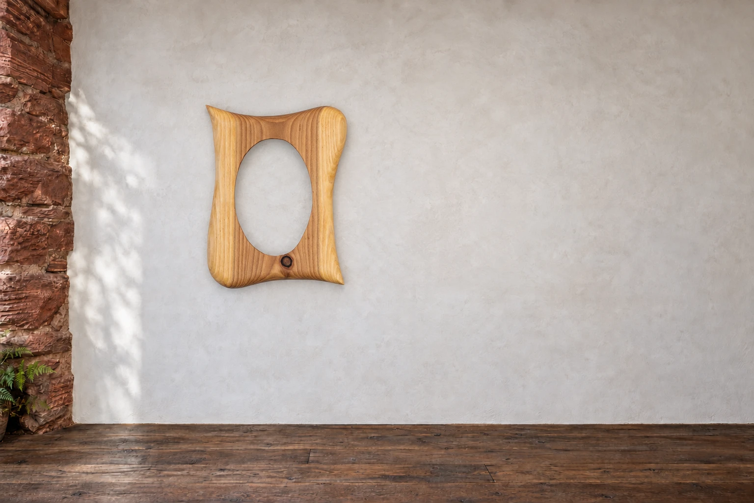 Lärche · Oval mit kleinem Ast. Ein kleines dunkles Astauge sitzt unter dem Oval. Die Lärche zieht ihre feinen Linien senkrecht an der Öffnung vorbei. An der Galeriewand.